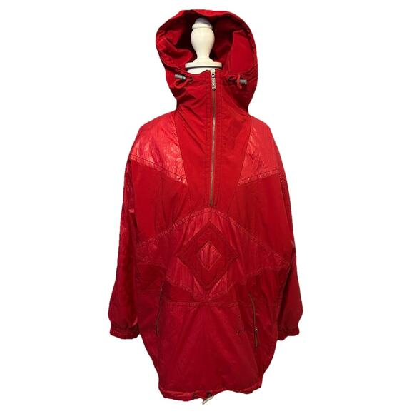 VTG 80s Red Ski Jacket Diamond Aztec Retro Hooded GORGEOUS Parka Snow Outdoor L - Picture 4 of 16